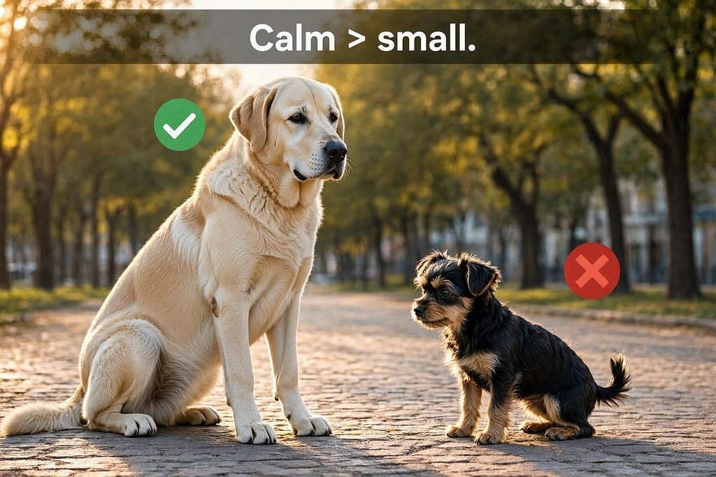 ize vs temperament comparison Calm large dog ✅ vs Nervous small dog ❌. Text: "Calm > small."