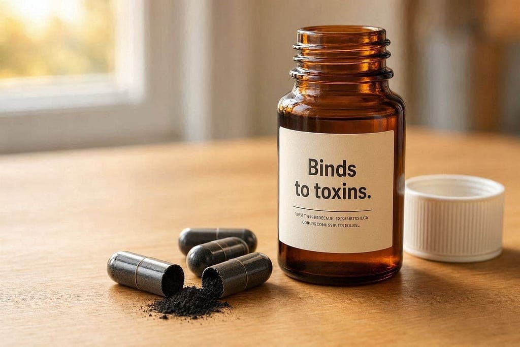 Activated charcoal capsules photo Capsule bottle. Text: "Binds to toxins."