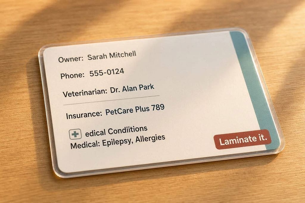 Laminated contact card mockup Card with owner info, vet, insurance, medical conditions. Text: "Laminate it."
