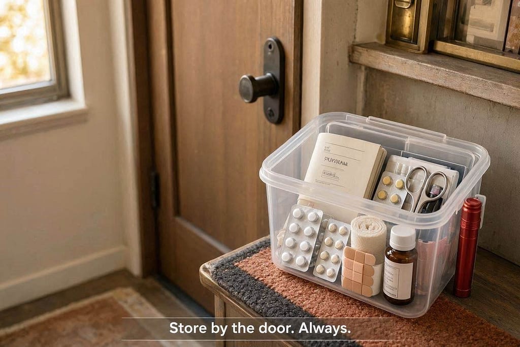 Kit by door hero photo Complete first aid kit packed in clear bin by apartment door. Text: "Store by the door. Always."