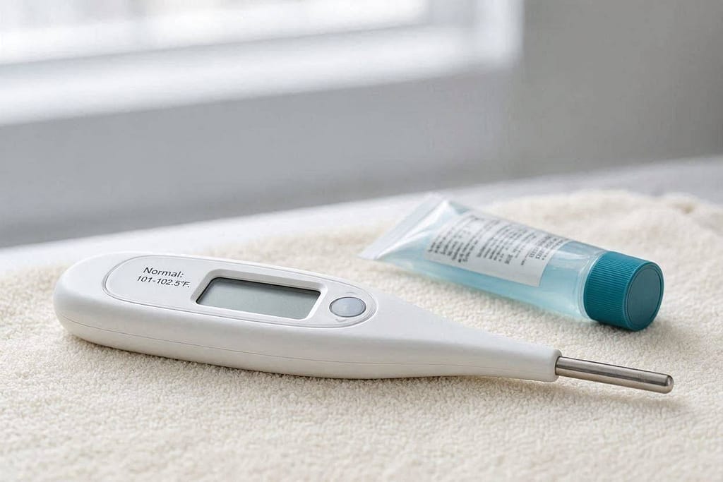 Pet thermometer photo Digital pet thermometer with lubricant. Text: "Normal: 101-102.5°F."