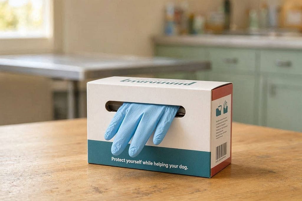 Glove box photo Disposable gloves box. Text: "Protect yourself while helping your dog."
