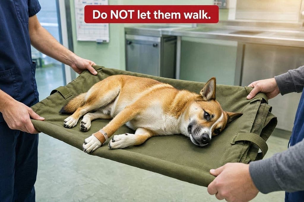 Blanket stretcher photo Dog on blanket stretcher. Text: "Do NOT let them walk."