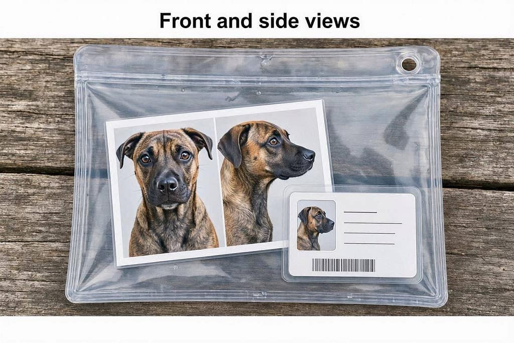 Photo + ID in waterproof bag Dog photo and ID in clear waterproof pouch. Text: "Front and side views."