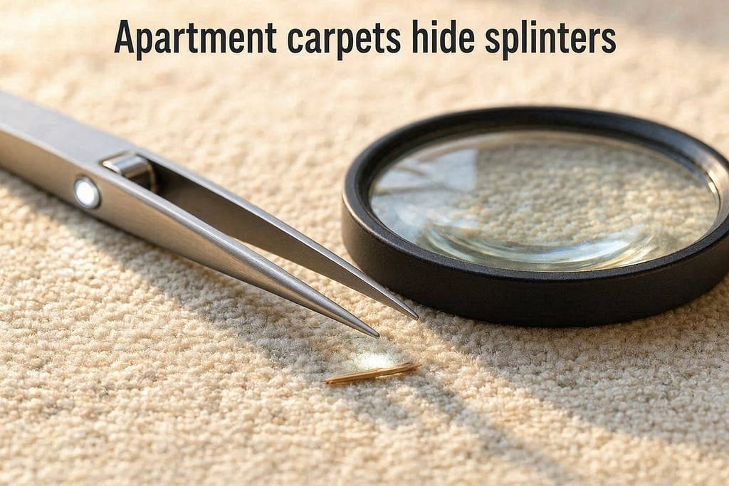Tweezers + magnifier photo Fine-point tweezers with built-in light. Text: "Apartment carpets hide splinters."
