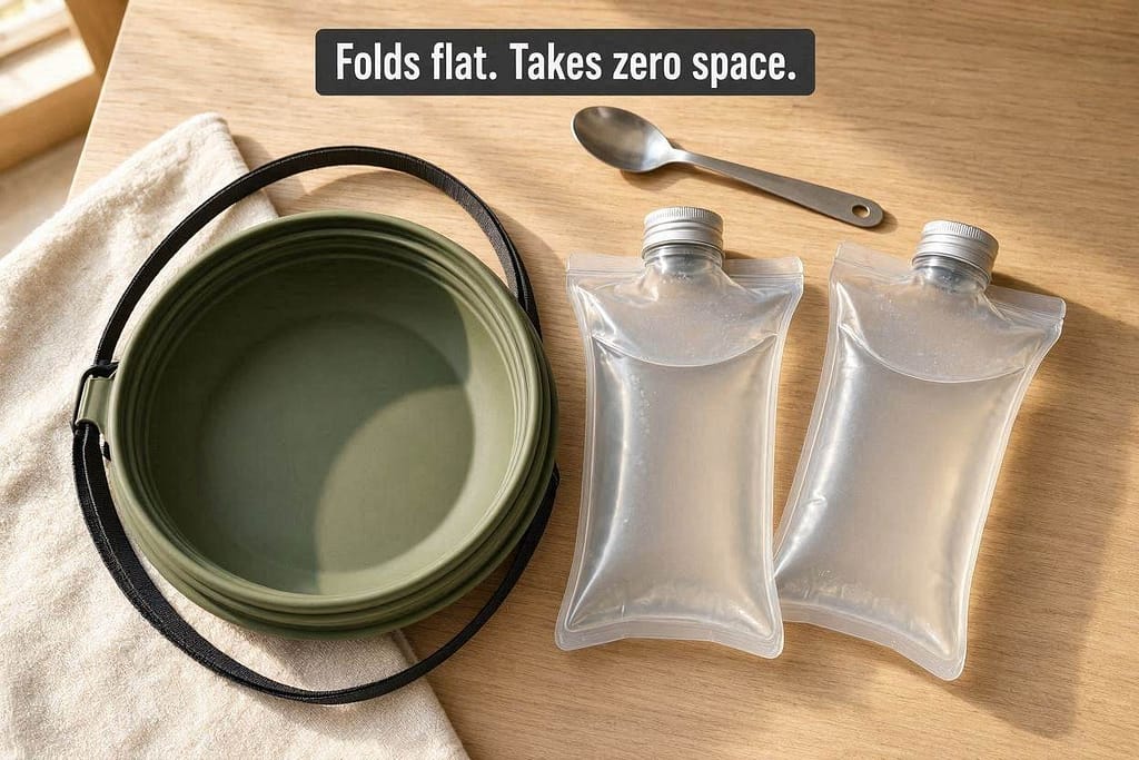 Foldable bowl flat lay Folded bowl and water pouches. Text: "Folds flat. Takes zero space."