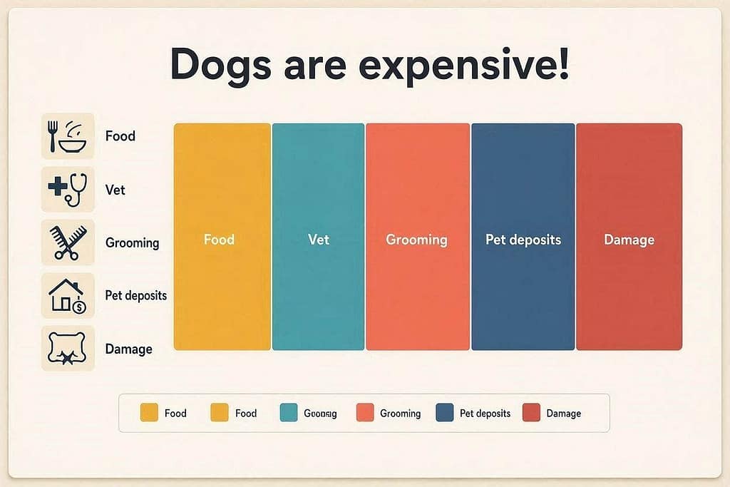 Cost breakdown graphic Food, vet, grooming, pet deposits, damage. Text: "Dogs are expensive!"