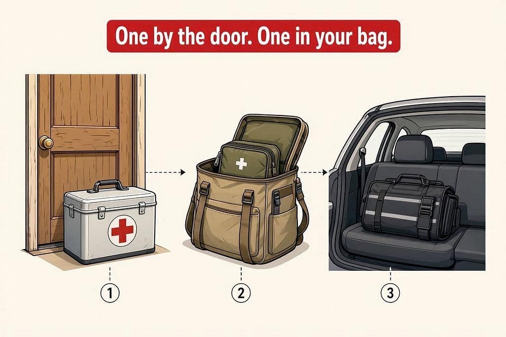 Kit placement diagram Main kit by door, mini-kit in go-bag, car kit. Text: "One by the door. One in your bag."