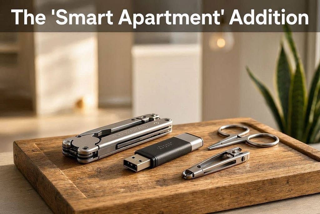 Tools category photo Multi-tool, USB drive, scissors, nail clippers. Text: "The 'Smart Apartment' Addition