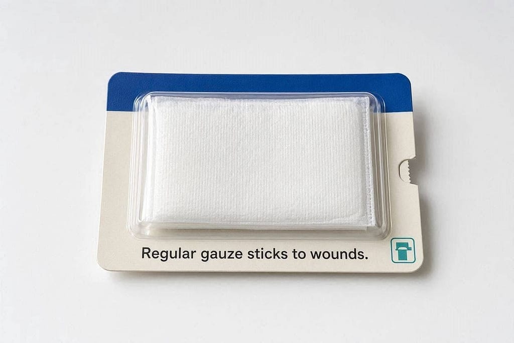 Telfa pad product photo Non-stick pads in package. Text: "Regular gauze sticks to wounds."