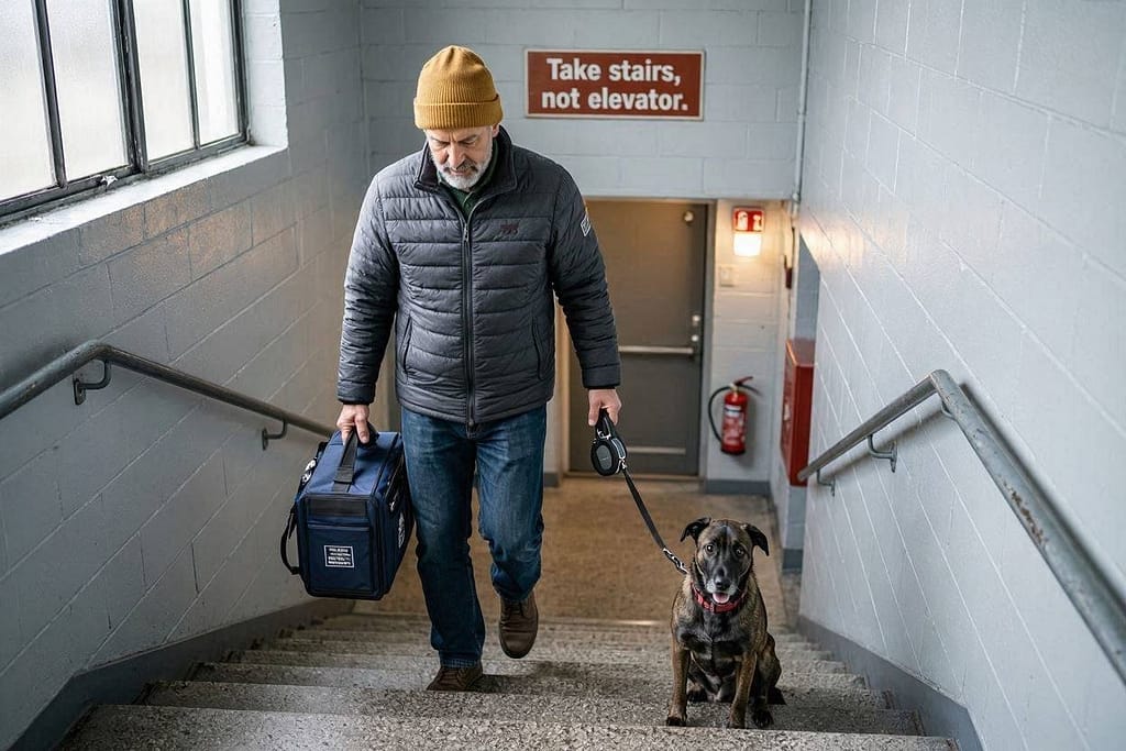 Stairwell evacuation photo Owner with dog and kit in stairwell. Text: "Take stairs, not elevator."