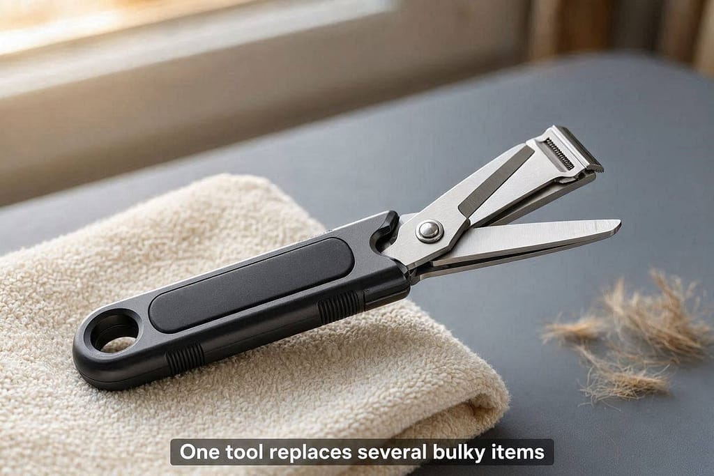 Multi-tool product photo Pet-specific multi-tool with scissors, clippers. Text: "One tool replaces several bulky items."