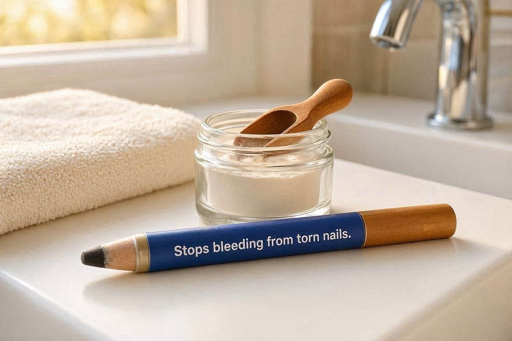 Styptic powder product photo Powder or pencil. Text: "Stops bleeding from torn nails."