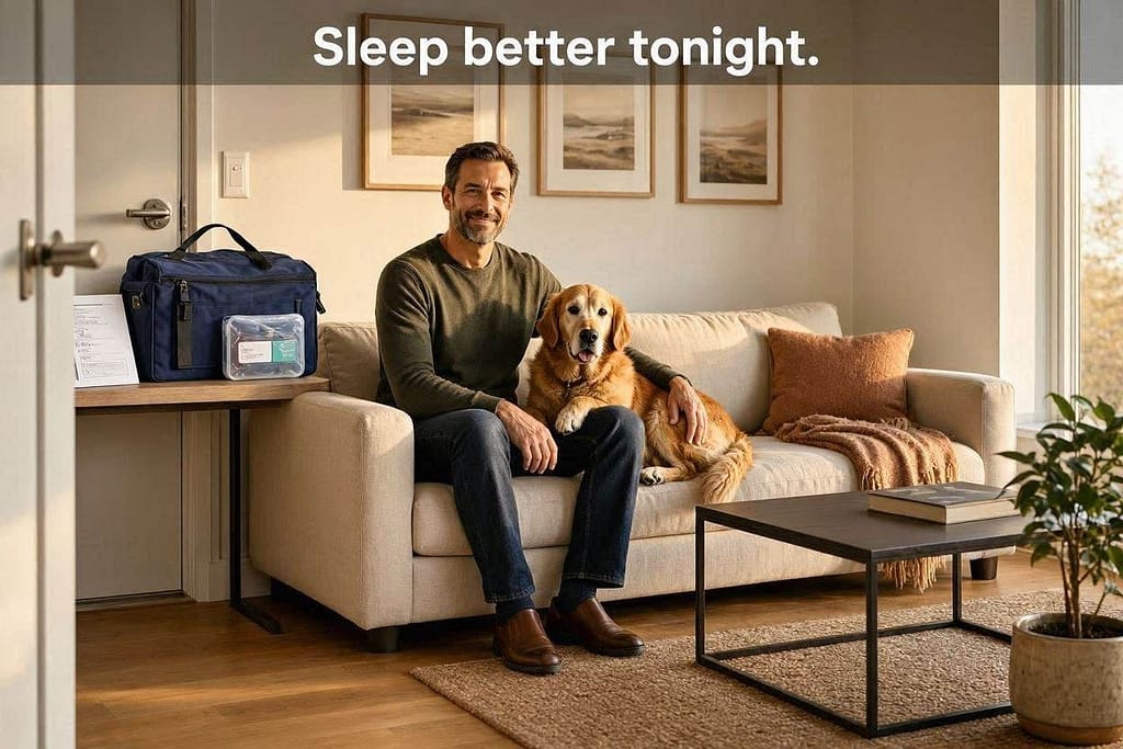 "After" hero photo Prepared apartment, kit by door, calm owner and dog. Text: "Sleep better tonight."
