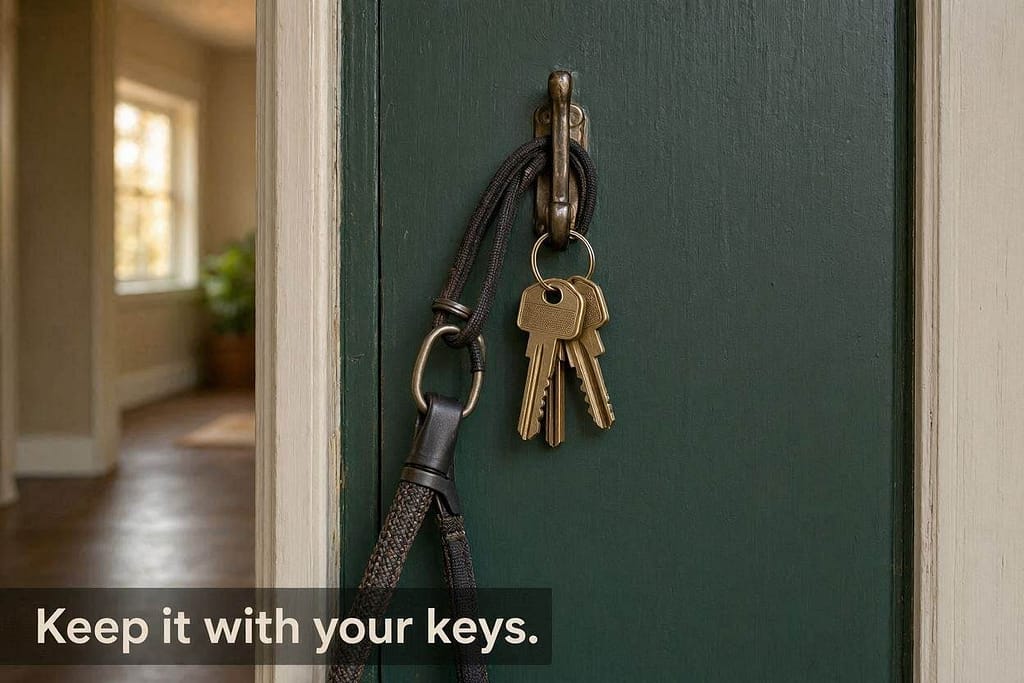 Slip lead action photo Slip lead on hook by door with keys. Text: "Keep it with your keys."