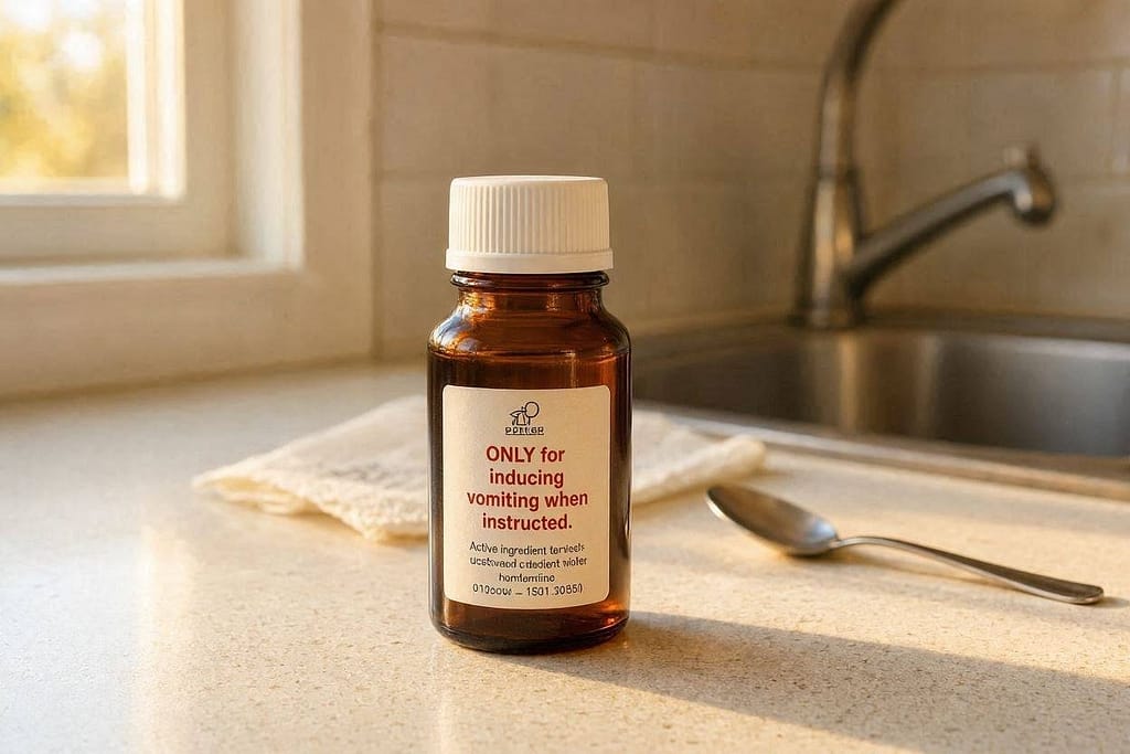 Hydrogen peroxide bottle photo Small brown bottle. Text: "ONLY for inducing vomiting when instructed."