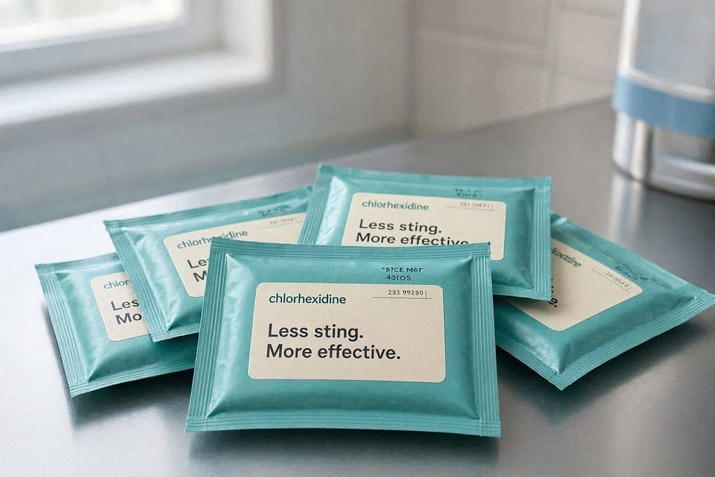 Antiseptic wipe packets photo Chlorhexidine wipe packets. Text: "Less sting. More effective."