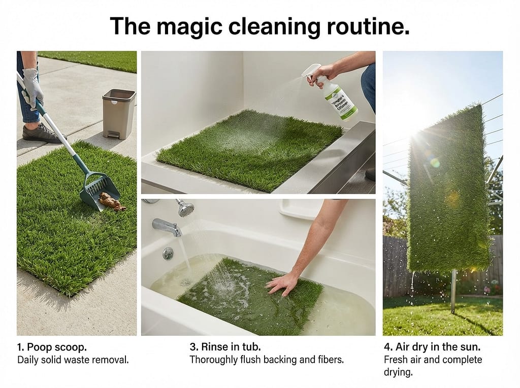 Turf cleaning sequence (4 images) 1. Poop scoop / 2. Spray with vinegar/enzyme / 3. Rinse in tub / 4. Air dry in sun. Text: "The magic cleaning routine."