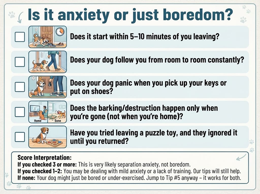 Quiz visual 5 questions with checkboxes. Score interpretation: 3+ = anxiety, 1-2 = mild, none = boredom. Text: "Is it anxiety or just boredom?"