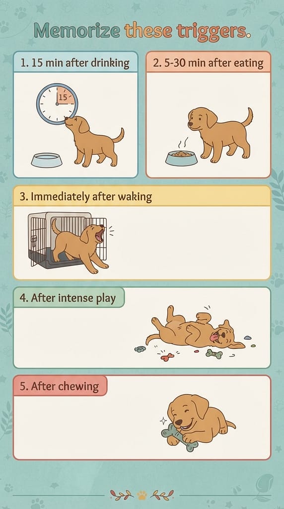 Timing triggers infographic 15 min after drinking / 5-30 min after eating / Immediately after waking / After intense play / After chewing. Text: "Memorize these triggers."