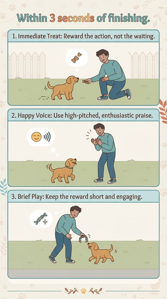 Celebration sequence (3 images) 1. Immediate treat / 2. Happy voice / 3. Brief play. Text: "Within 3 seconds of finishing."