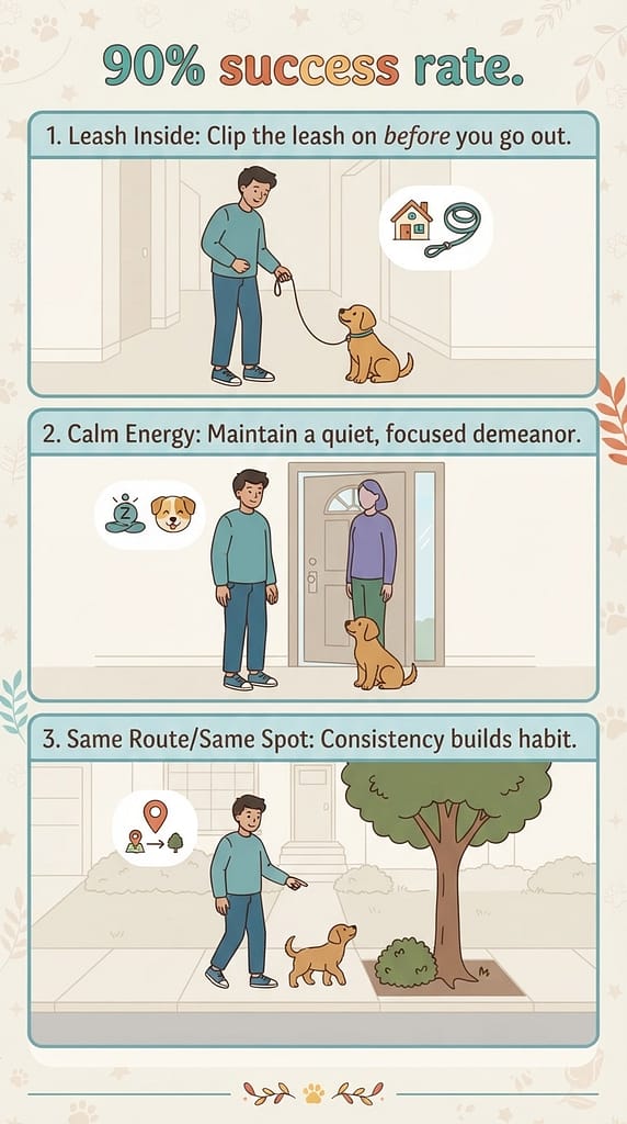 Pre-potty sequence (3 images) 1. Leash inside / 2. Calm energy / 3. Same route/same spot. Text: "90% success rate."