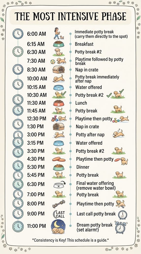 Printable schedule graphic 6:00 AM - 11:00 PM timeline with icons. Text: "The most intensive phase."