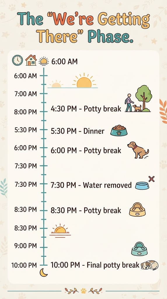 4:30 PMΒ - Potty break
5:30 PMΒ - Dinner
6:00 PMΒ - Potty break
7:30 PMΒ - Water removed
8:30 PMΒ - Potty break
10:00 PMΒ - Final potty break