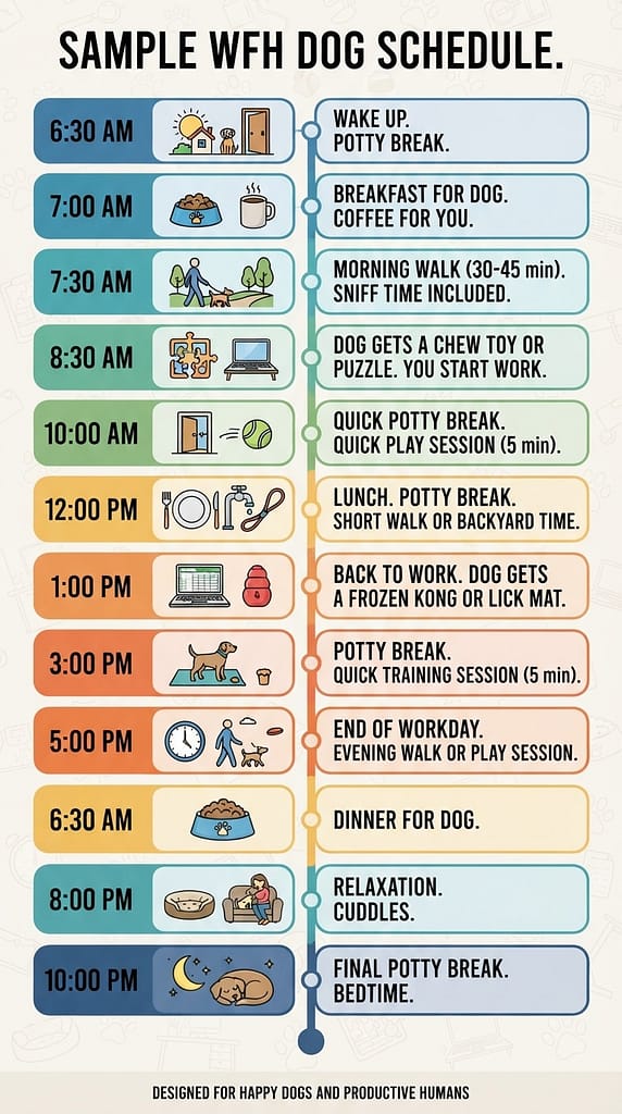 Daily schedule infographic 6:30 AM to 10:00 PM timeline with icons. Text: "Sample WFH dog schedule."
