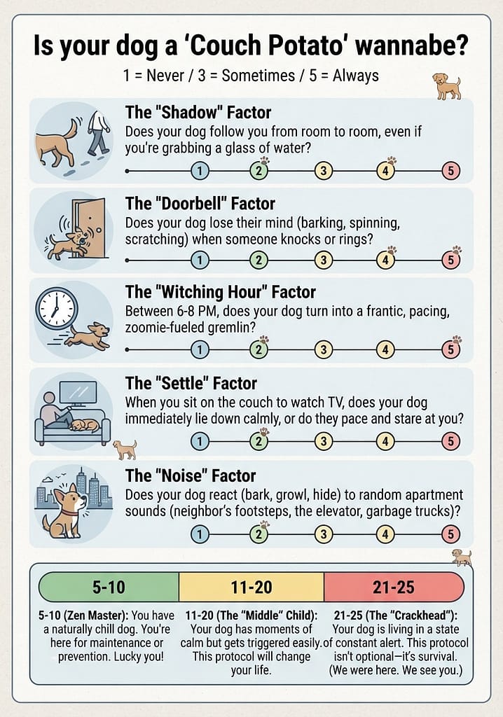 Quiz visual 5 questions with 1-5 scale. Score range graphic: 5-10 (Zen Master), 11-20 (Middle Child), 21-25 (Crackhead). Text: "Is your dog a 'Couch Potato' wannabe?"