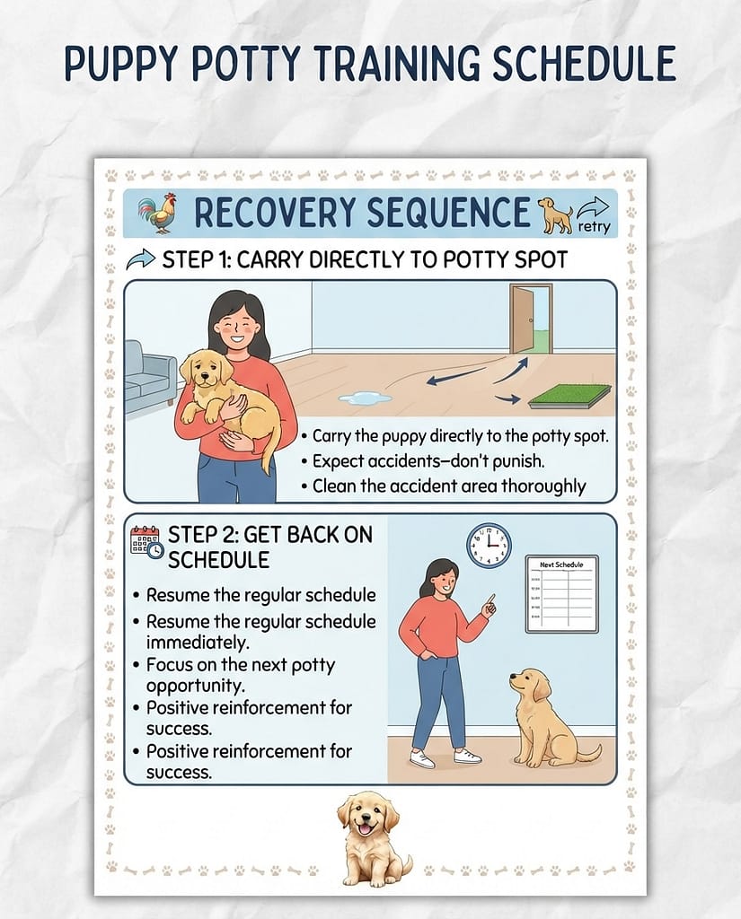 Recovery sequence (2 images) 1. Carry directly to potty spot / 2. Get back on schedule. Text: "Don't punish. Recover."