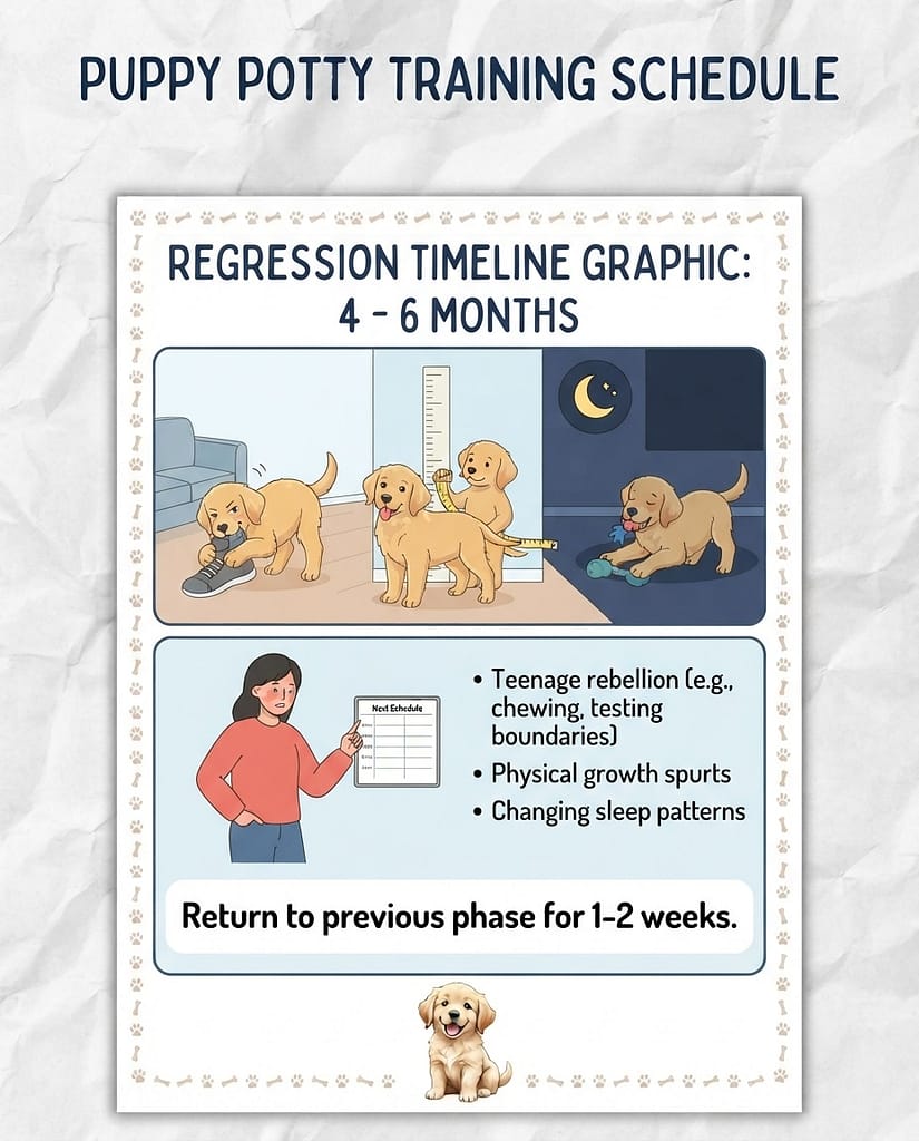 Regression timeline graphic 4-6 months: Teenage rebellion, growth spurts, changing sleep. Text: "Return to previous phase for 1-2 weeks."