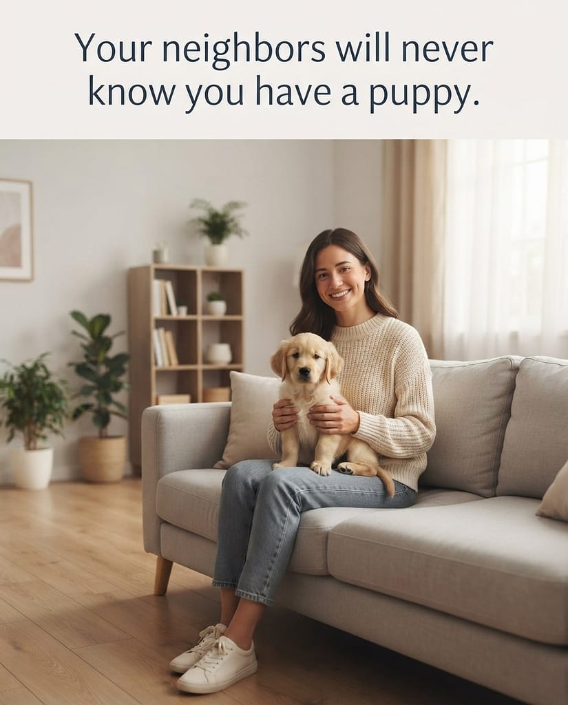 "After" hero photo Clean apartment, perfectly trained puppy, relaxed owner. Text: "Your neighbors will never know you have a puppy."