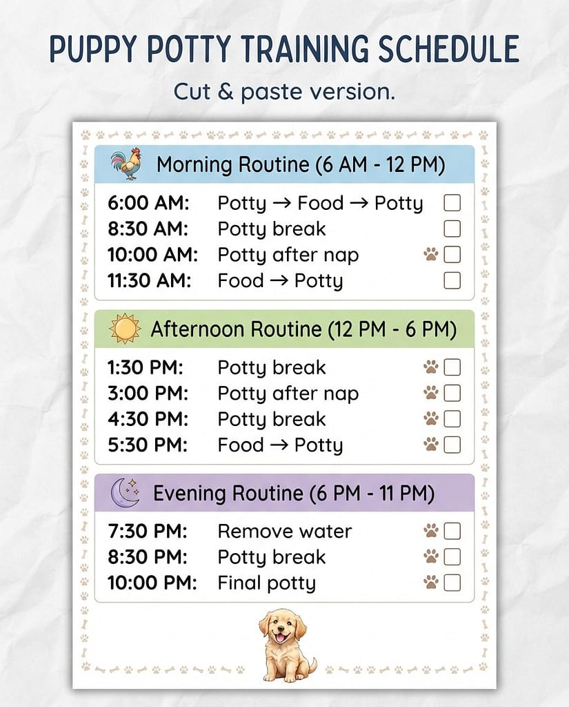 Printable schedule mockup Morning, Afternoon, Evening sections with times and actions. Text: "Cut & paste version."
