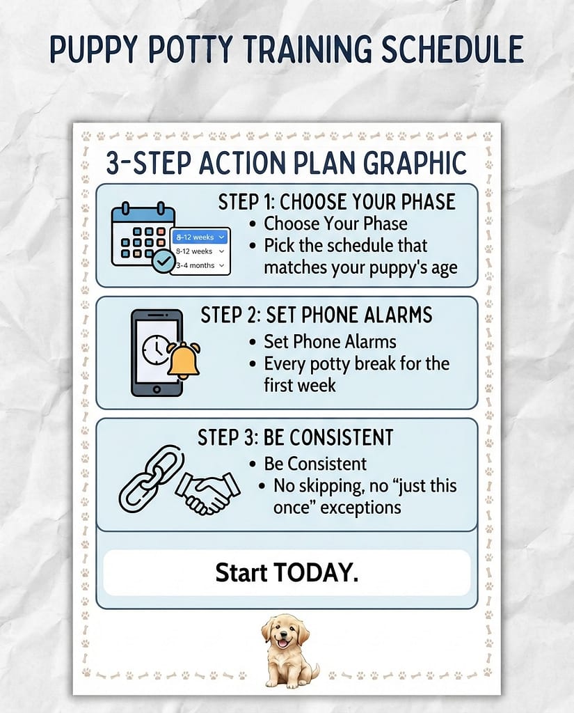 3-step action plan graphic Step 1: Choose Your Phase / Step 2: Set Phone Alarms / Step 3: Be Consistent. Text: "Start TODAY."